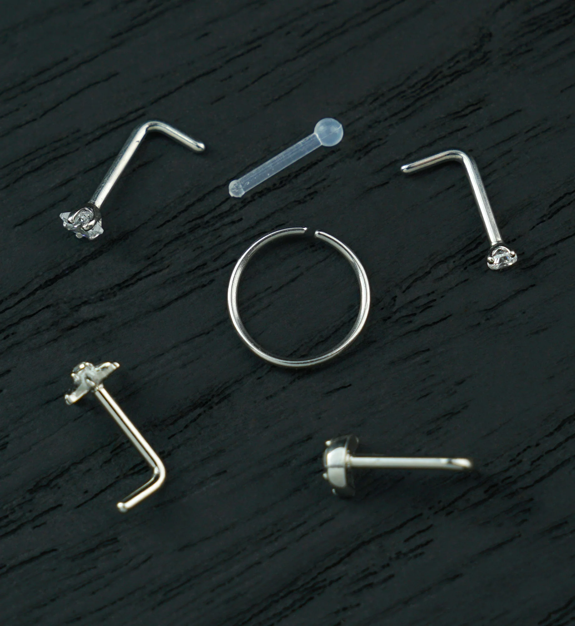 Celestial Clear CZ Stainless Steel L Bend/Stud/Hoop Nose Ring Pack (6 Pc)