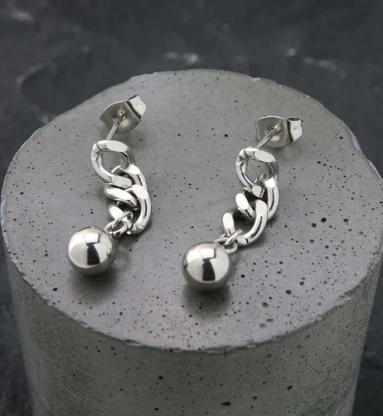 Chain Link Ball Stainless Steel Earrings - Image 2