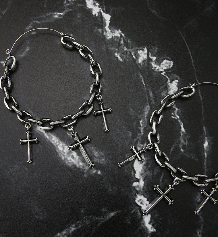 Chain Link Dangle Cross Plug Hoops - Image 2