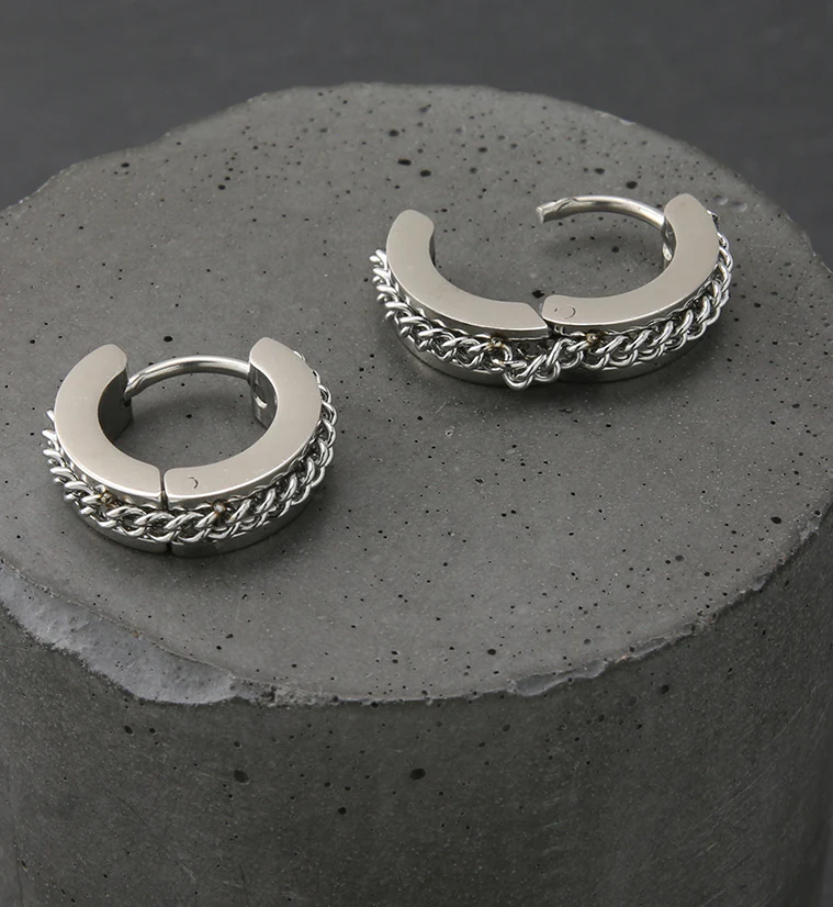 Chain Link Stainless Steel Hinged Hoop Earrings - Image 2