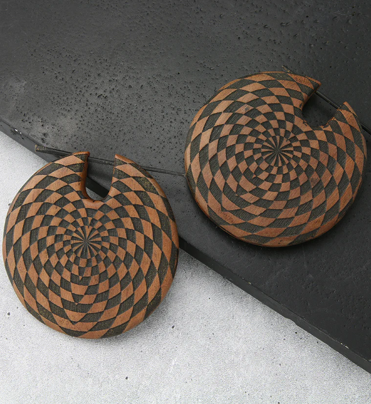 Checker Saba Wood Disk Earrings - Image 2