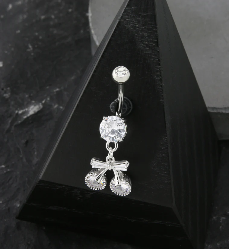 Cherry Bow CZ Dangle Stainless Steel Belly Button Ring - Image 2