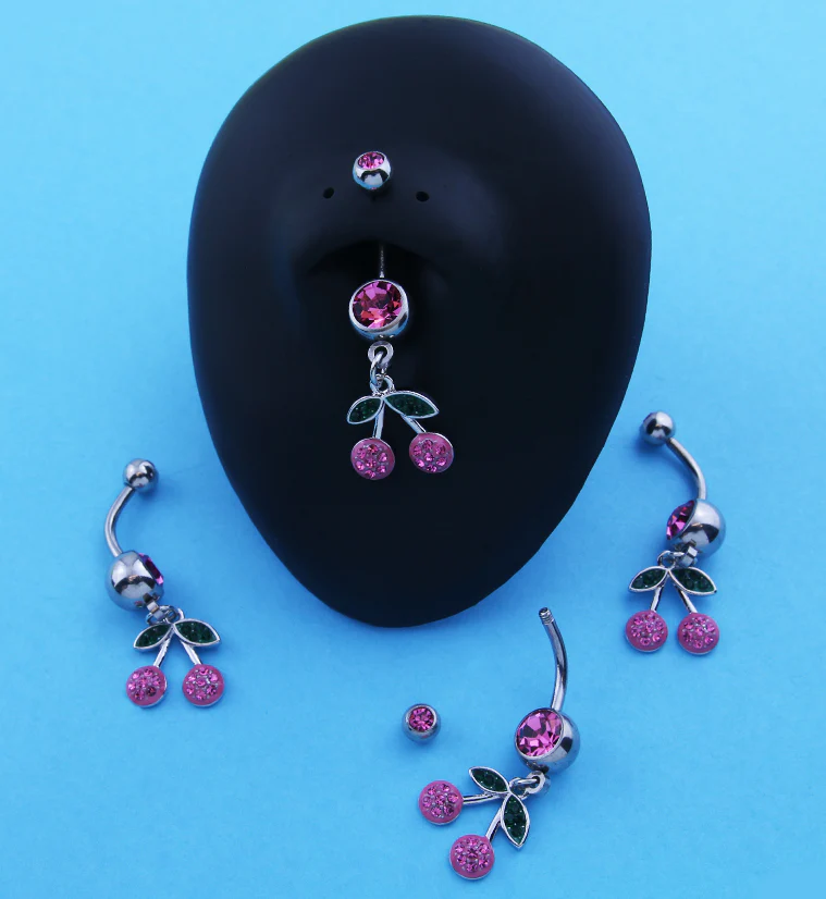 Cherry Pink CZ Dangle Stainless Steel Belly Button Ring - Image 2