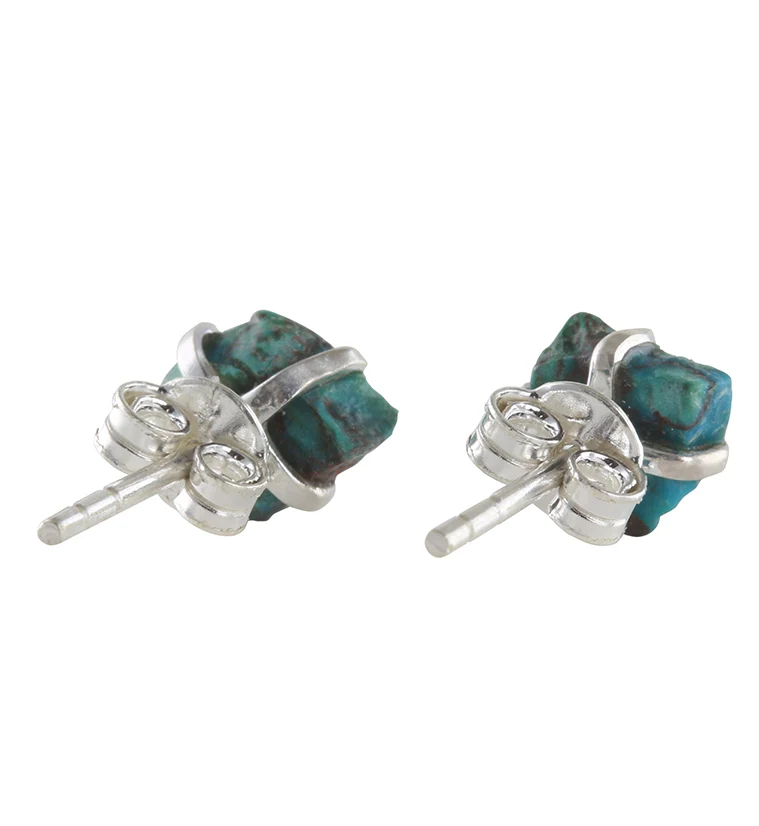 Chrysocolla Stone Prong Set Sterling Silver Earrings - Image 2