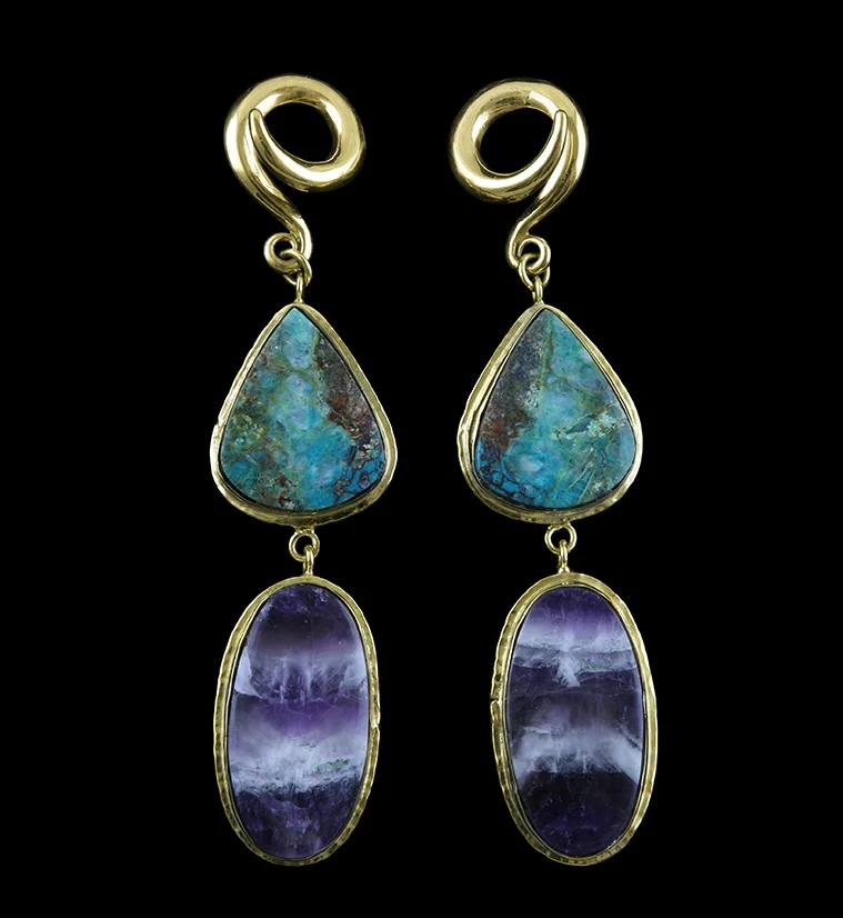 Chrysocolla X Amethyst Stone Brass Ear Weights