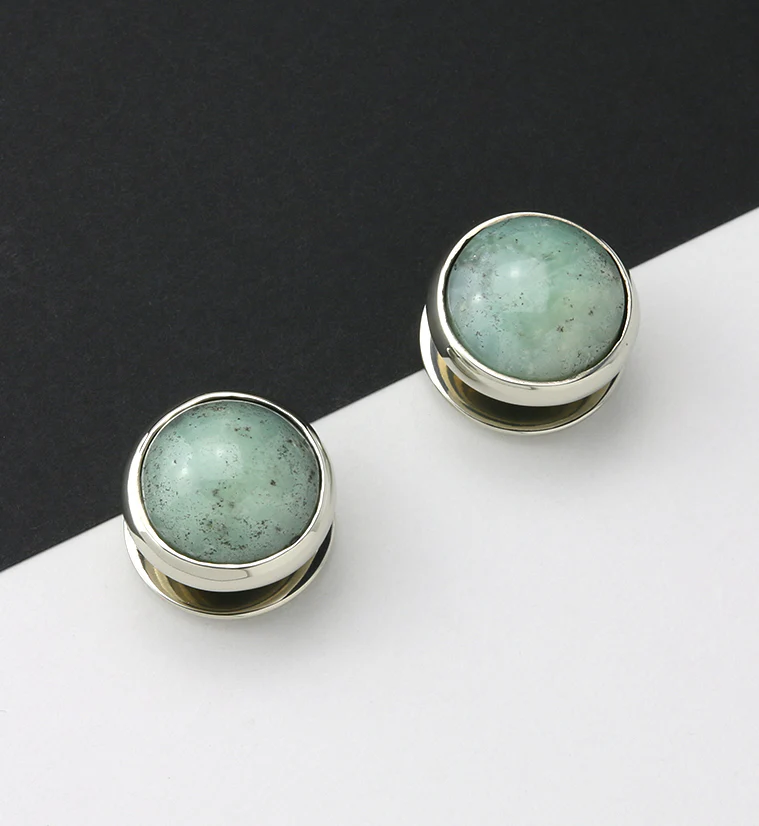 Chrysoprase Stone Disk White Brass Ear Weights - Image 3