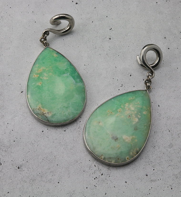 Chrysoprase Stone Teardrop White Brass Ear Weights - Image 3