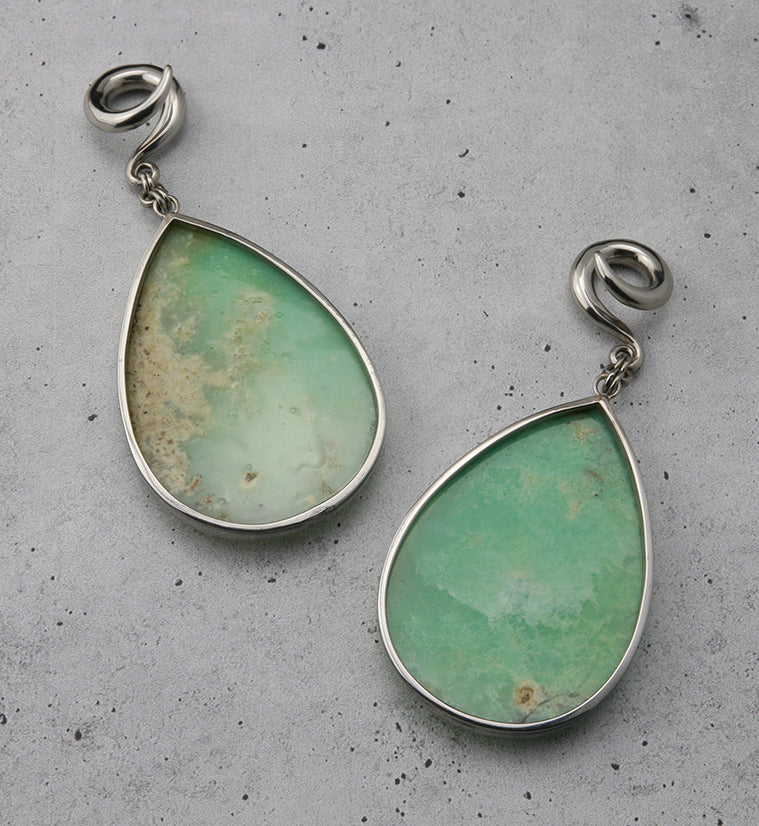 Chrysoprase Stone Teardrop White Brass Ear Weights - Image 4