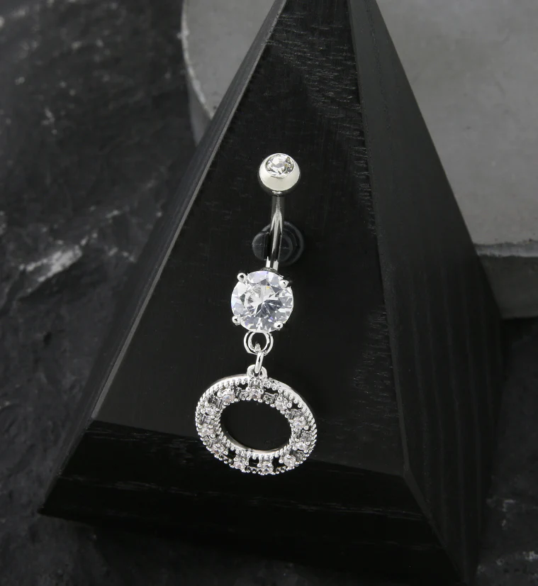 Circle CZ Frame Dangle Stainless Steel Belly Button Ring - Image 2