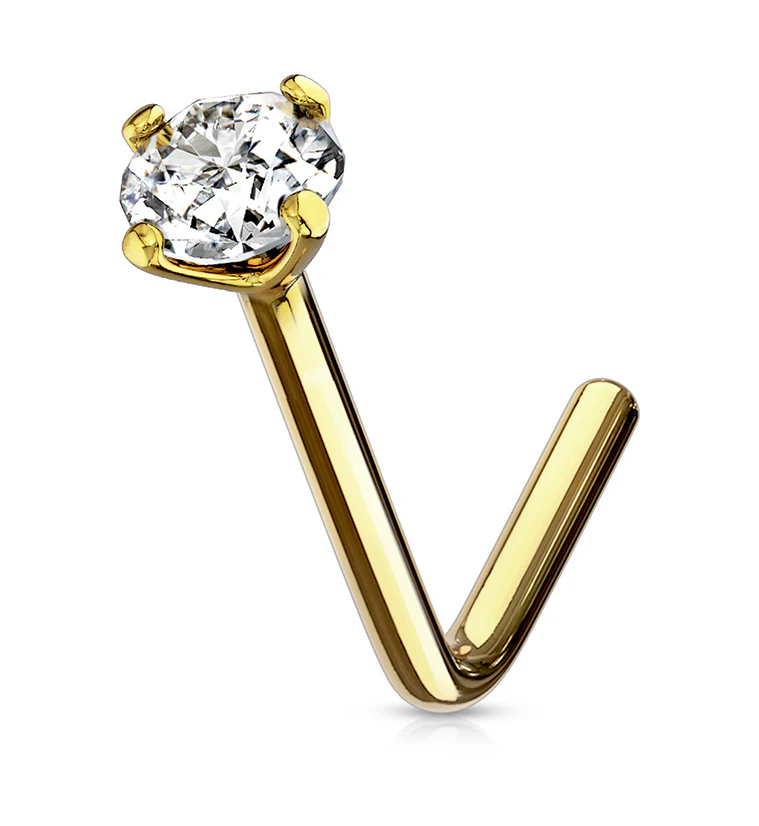 Clear CZ 14kt Gold L Bend Nose Ring