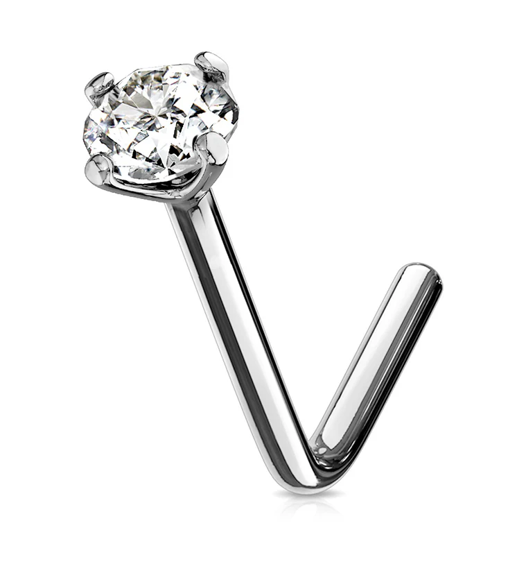 Clear CZ 14kt White Gold L Bend Nose Ring