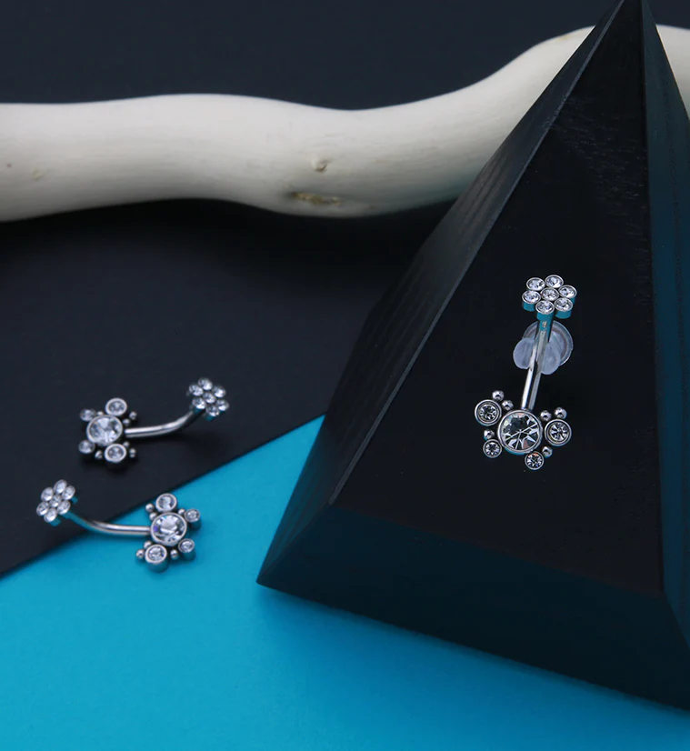 Clear CZ Cluster with Floret Top Belly Button Ring - Image 2