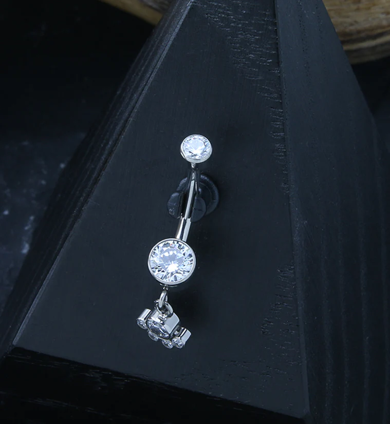 Clear CZ Dangle Charm Internally Threaded Titanium Belly Button Ring - Image 2