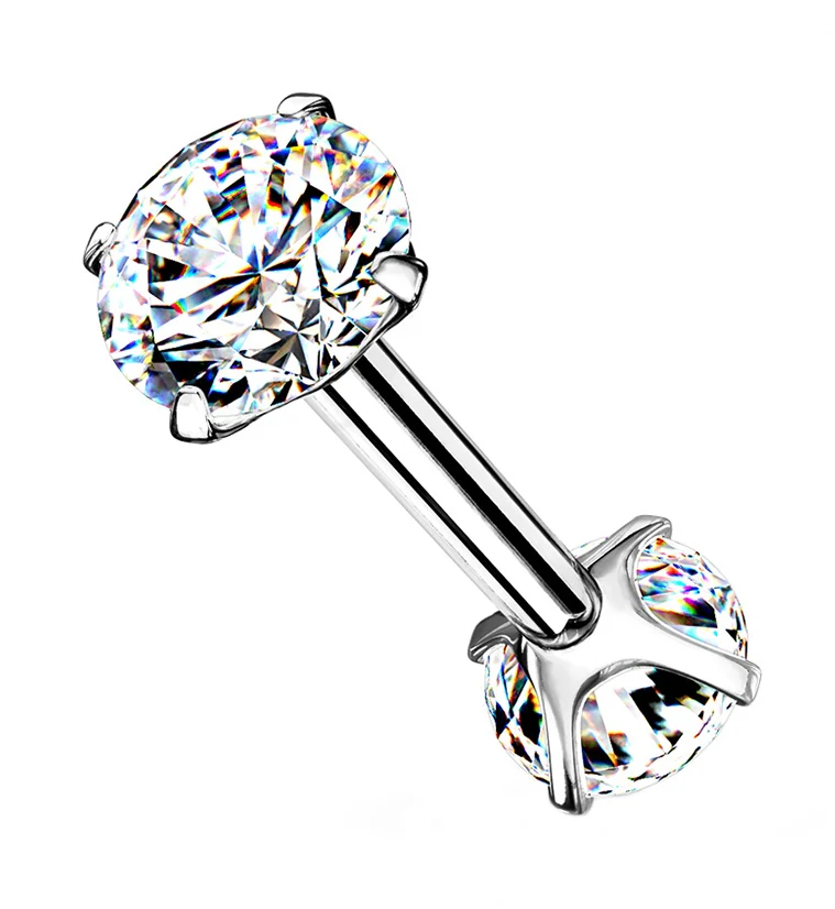 Clear Double Round CZ Prong Set Stainless Steel Barbell