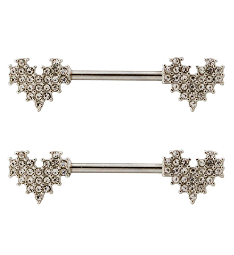 Clear Pixel CZ Hearts Stainless Steel Nipple Barbell