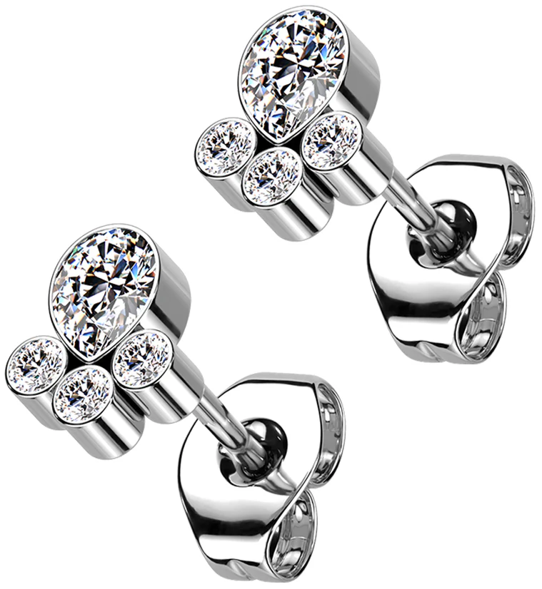 Clear Teardrop Cluster CZ Titanium Threadless Earrings