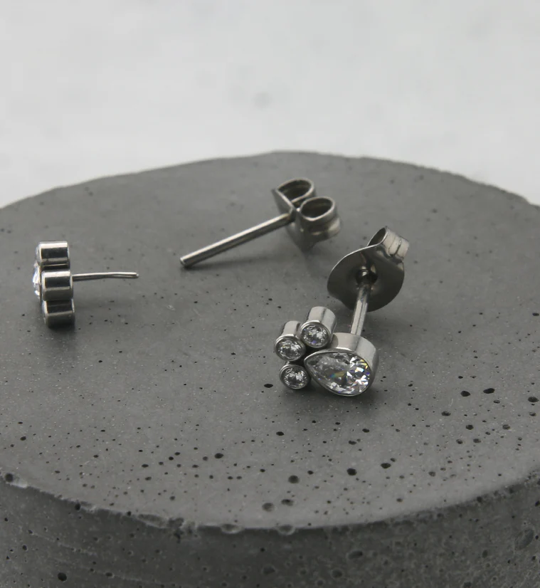 Clear Teardrop Cluster CZ Titanium Threadless Earrings - Image 2