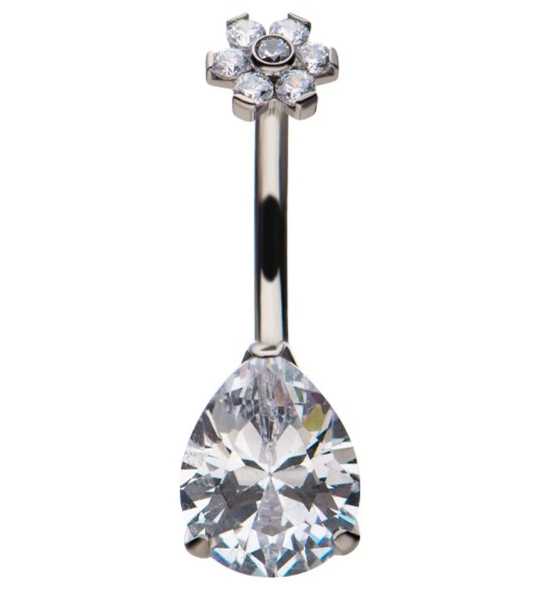 Clear Teardrop CZ Flower Titanium Belly Button Ring