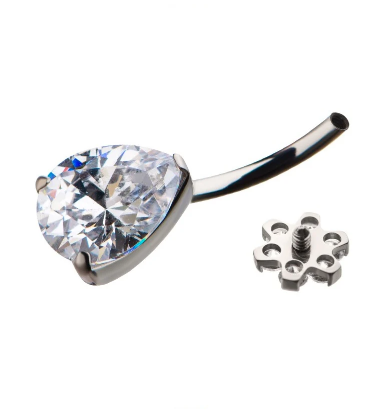 Clear Teardrop CZ Flower Titanium Belly Button Ring - Image 2