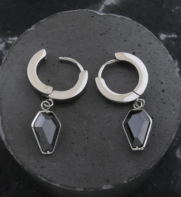 Coffin Black CZ Stainless Steel Hoop Huggie Earrings - Image 2