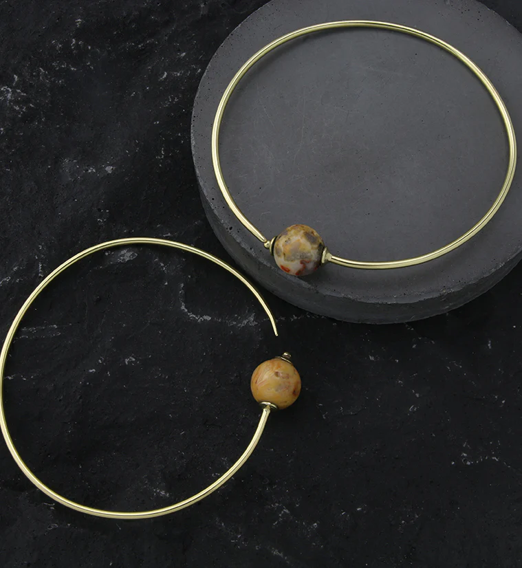 Crazy Lace Agate Stone Orb Brass Hangers / Plug Hoops
