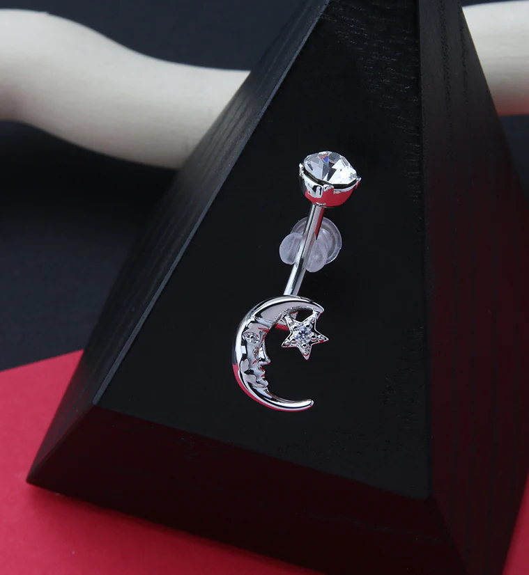 Crescent Moon and Star CZ Belly Ring - Image 2