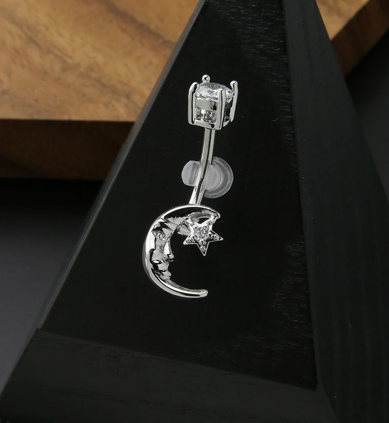 Crescent Moon Face Clear Star CZ Internally Threaded Belly Button Ring - Image 2