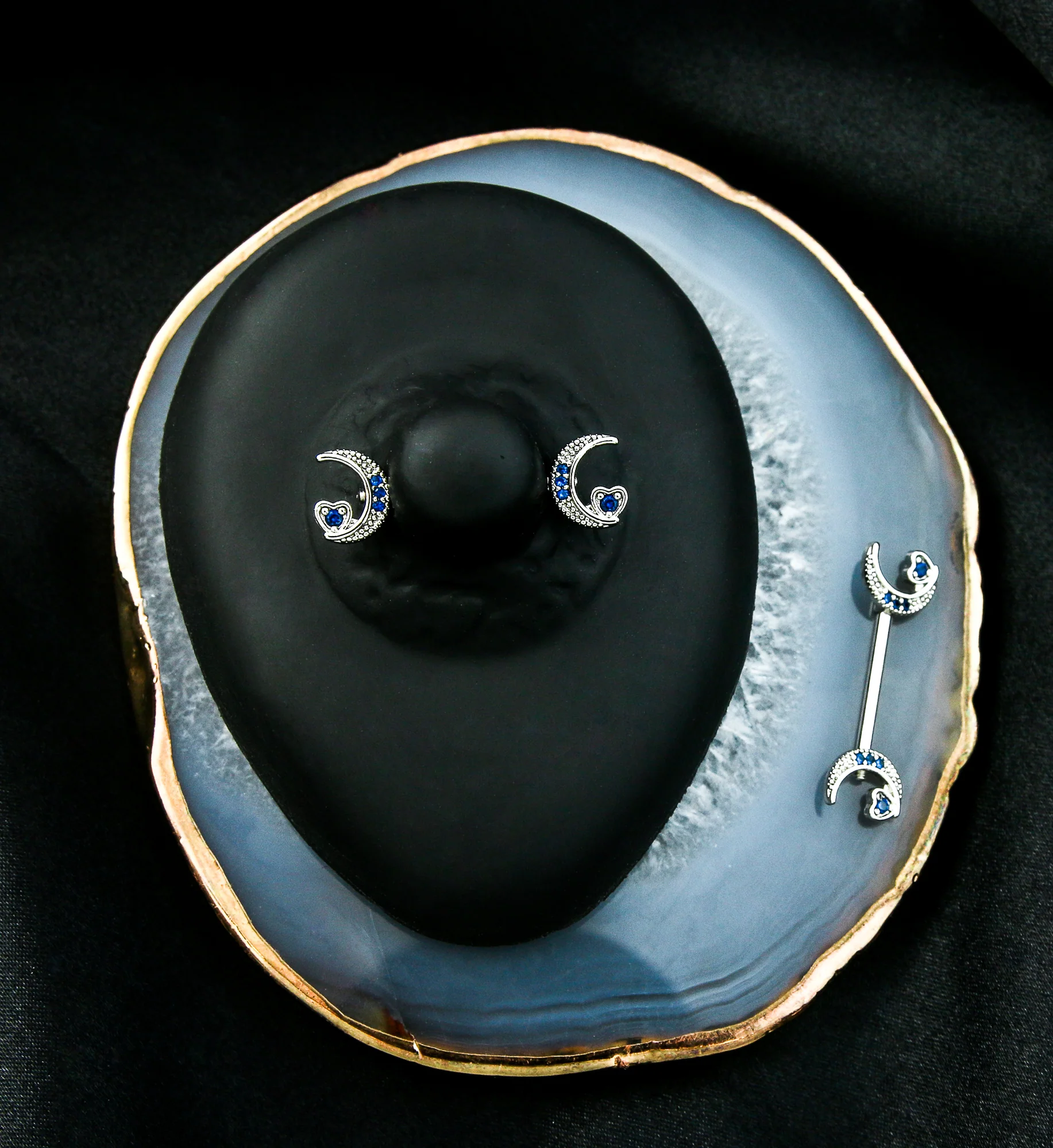 Crescent Moon Heart Blue CZ Stainless Steel Nipple Barbell - Image 2