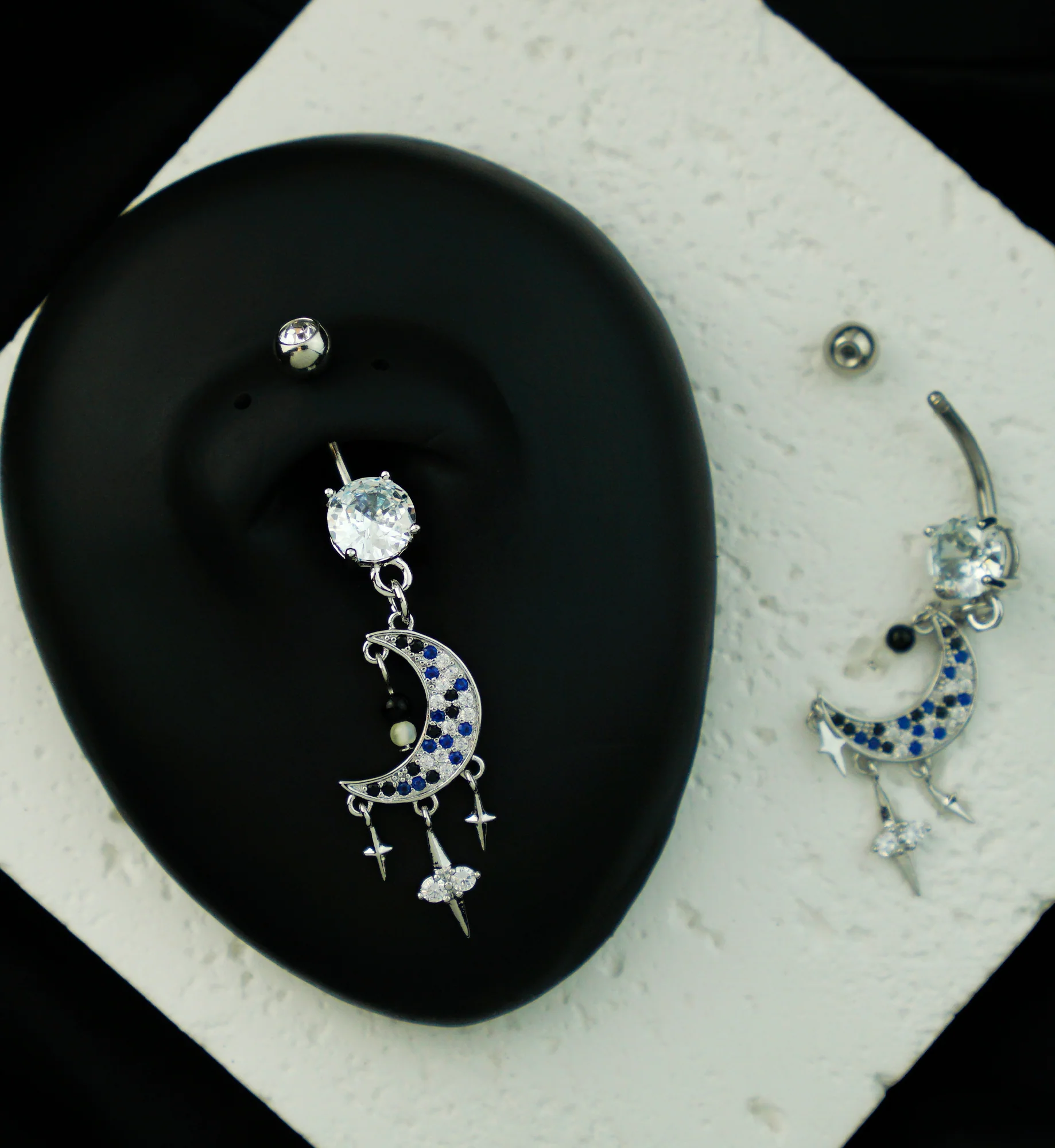 Crescent Moon With Triple Dangle Star Stainless Steel Belly Button Ring - Image 2