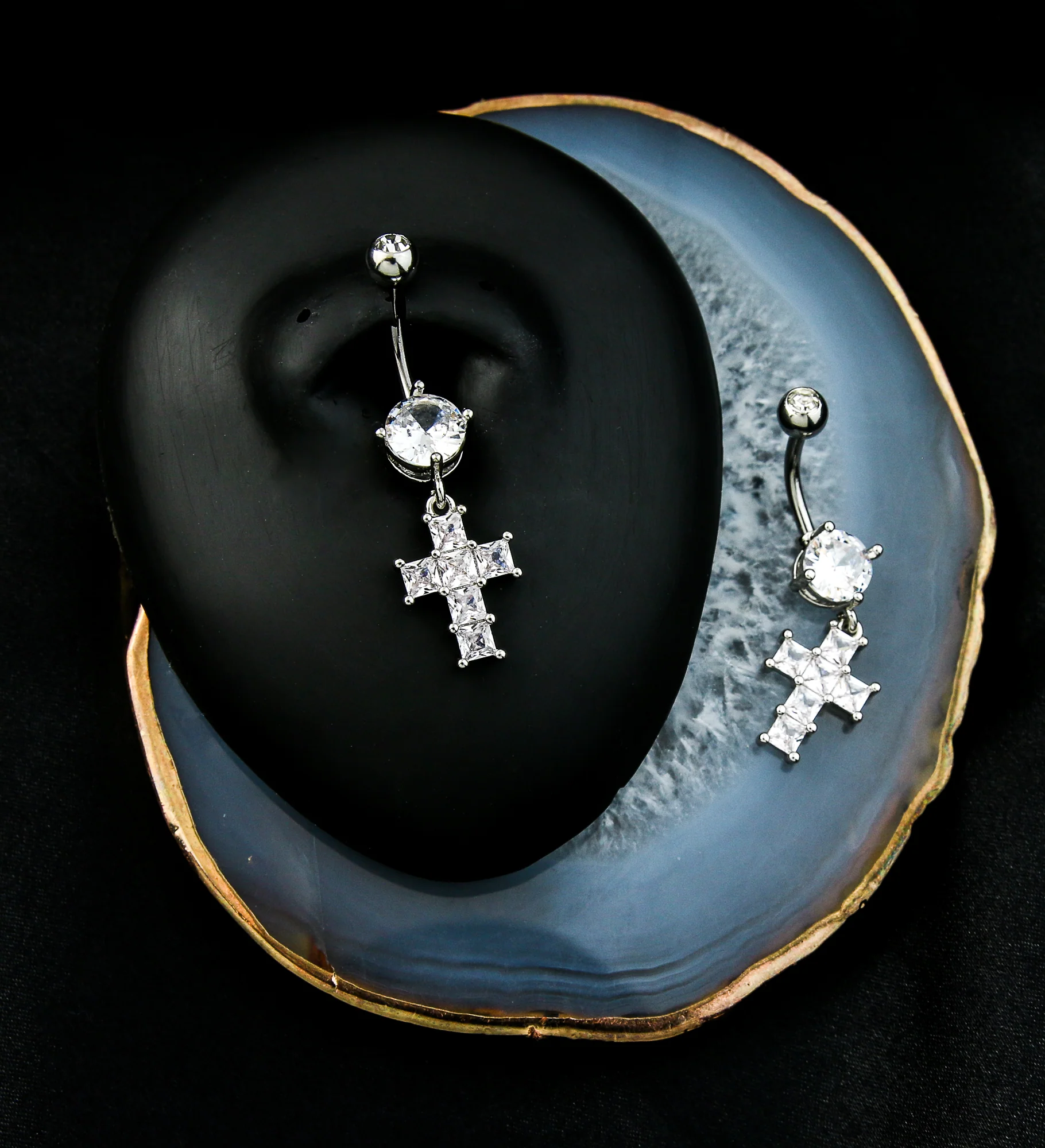 Cross Clear CZ Dangle Stainless Steel Belly Button Ring - Image 2