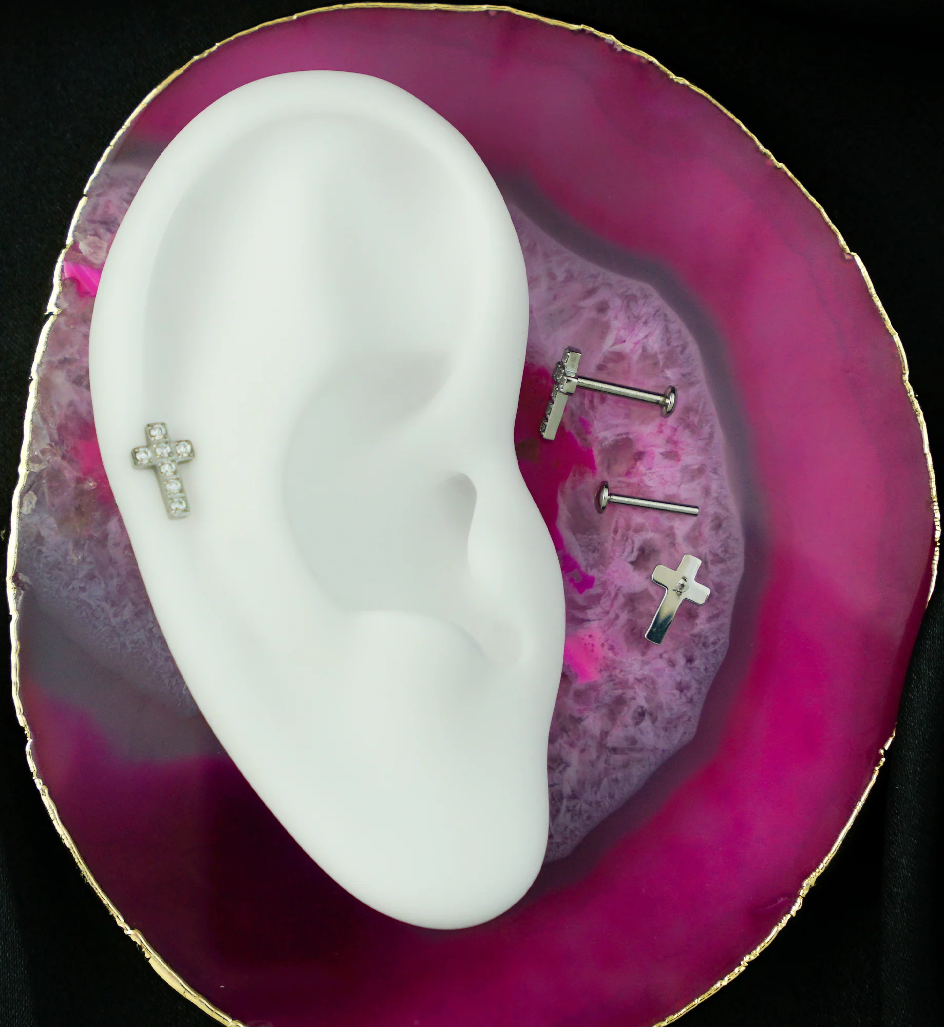 Cross Clear CZ Stainless Steel Convex Back Threadless Labret - Image 2