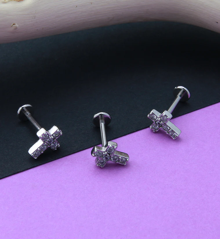 Cross CZ Gem Labret Post - Image 2