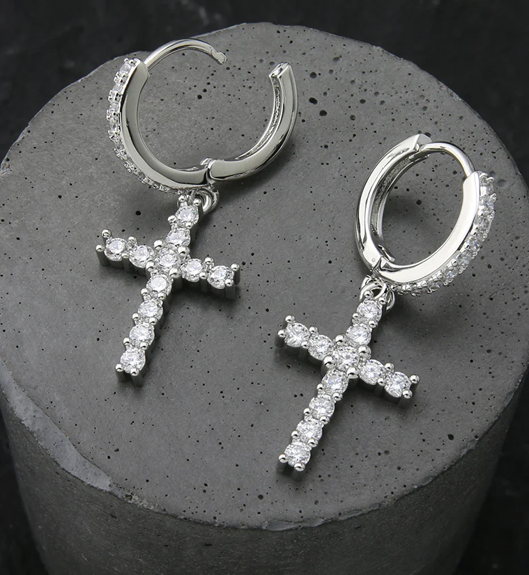 Cross CZ Stainless Steel Hoop Earrings - Image 2