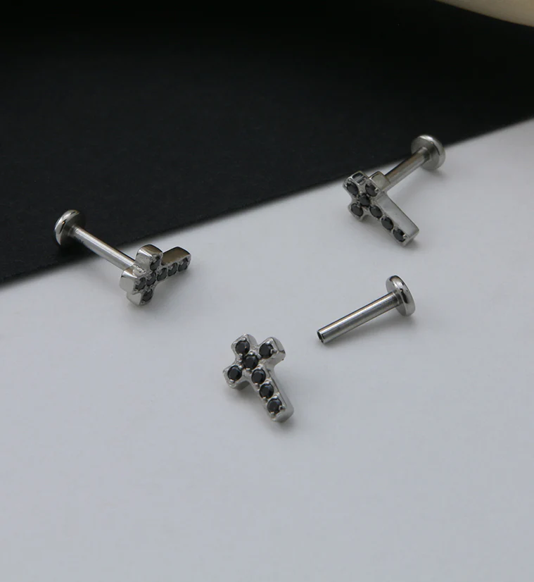 Cross Prong Set Black CZ Labret Post - Image 2