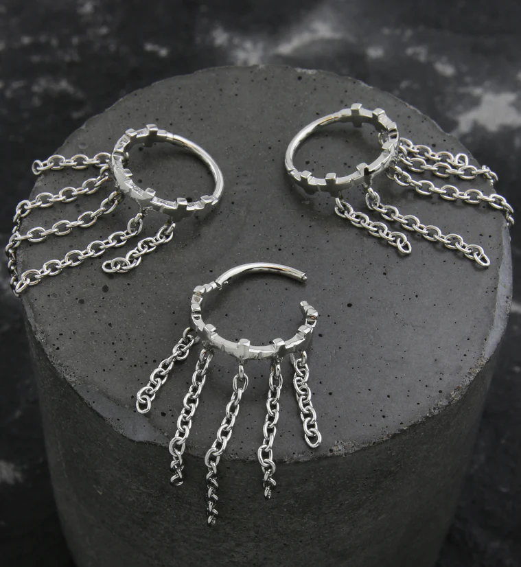 Cross Row Dangle Chains Stainless Steel Hinged Segment Ring - Image 2