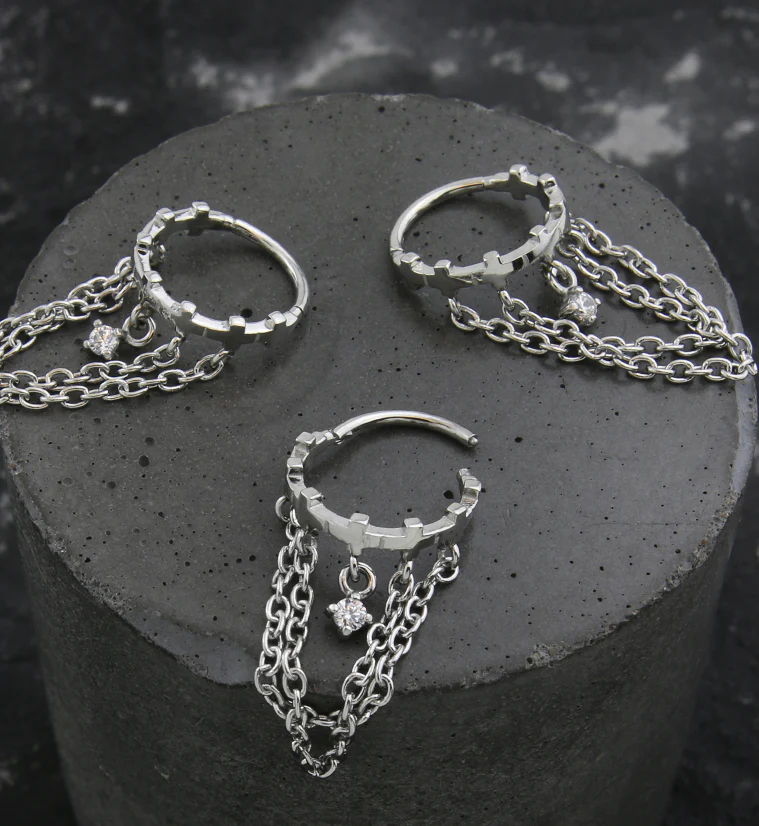 Cross Row Dangle Clear CZ Double Chain Stainless Steel Hinged Segment Ring - Image 2