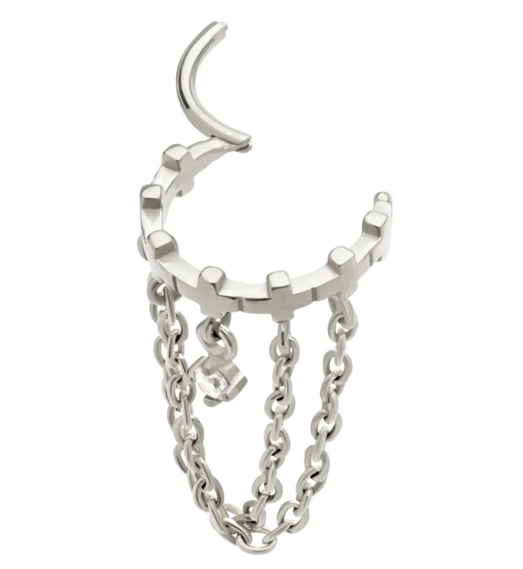 Cross Row Dangle Clear CZ Double Chain Stainless Steel Hinged Segment Ring - Image 3
