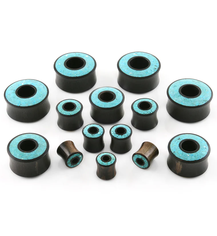 Crushed Turquoise Stone Inlay Tunnel Wood Plugs - Image 2