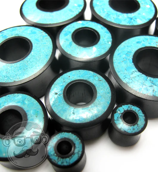 Crushed Turquoise Stone Inlay Tunnel Wood Plugs - Image 3