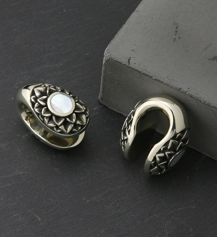 Crux MOP Keyhole White Brass Ear Weights - Image 2