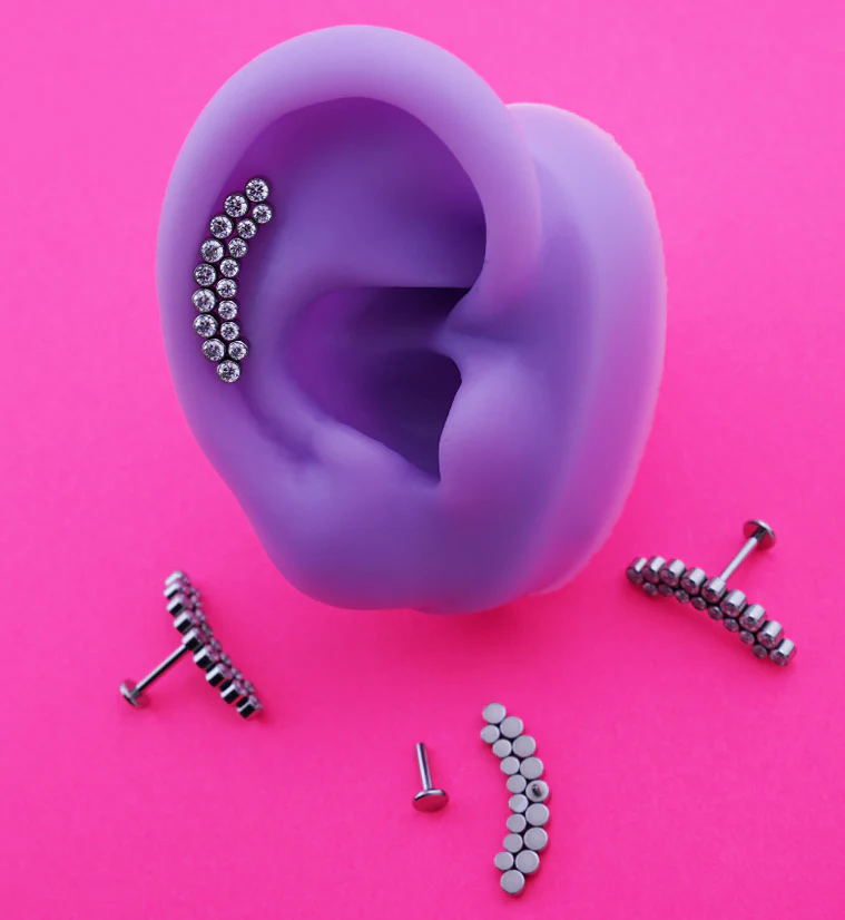 Curve Double Row Bezel CZ Titanium Internally Threaded Labret - Image 2