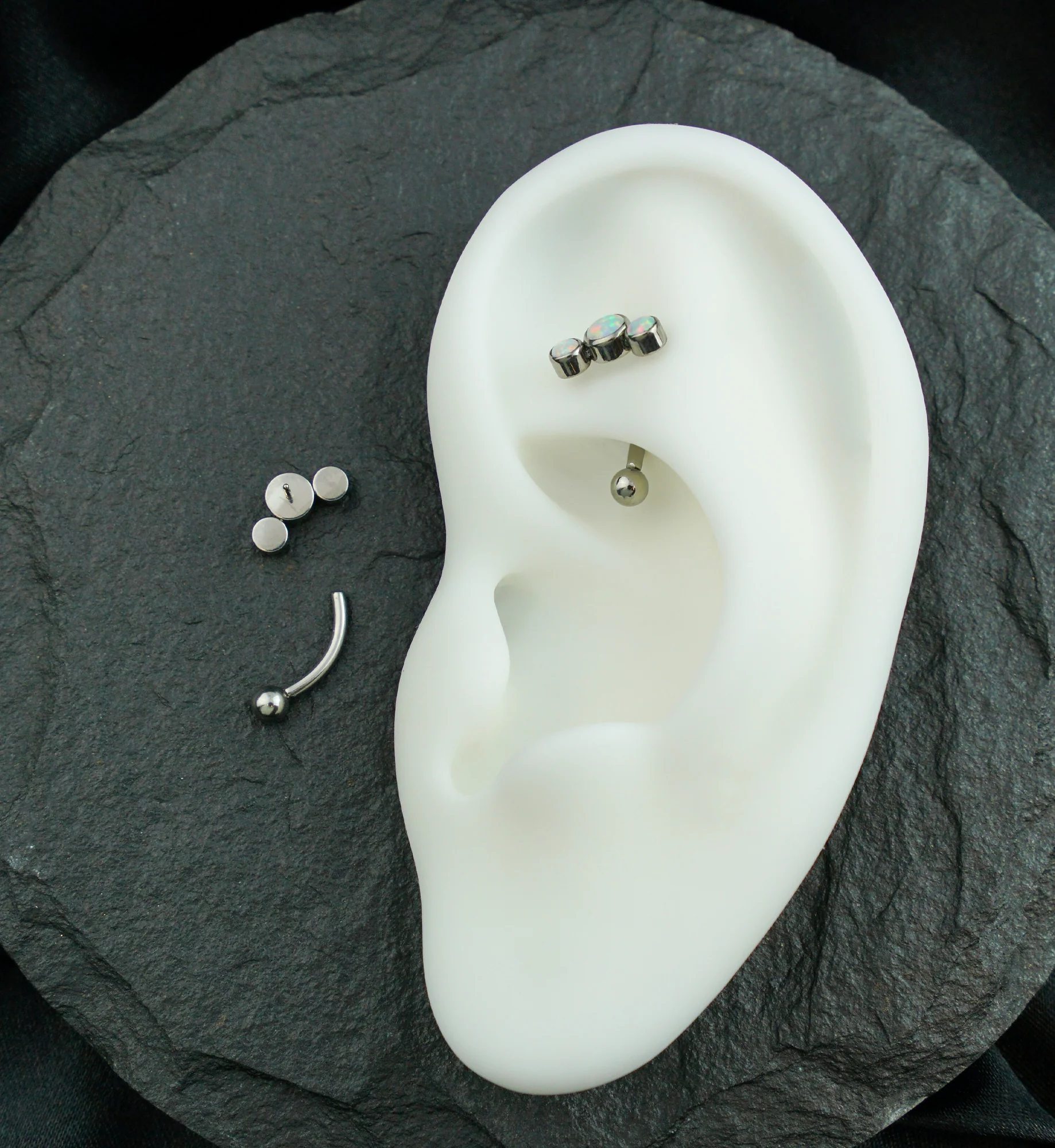 Curve Triple White Opalite Threadless Titanium Curved Barbell - Image 2