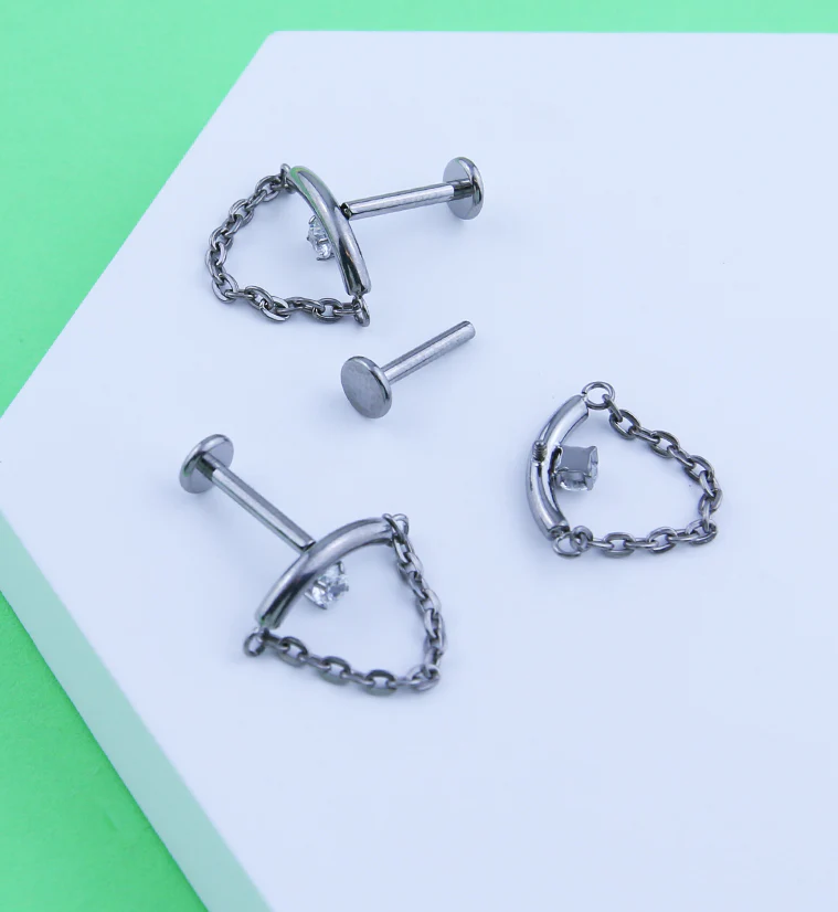 Curved Bar Clear CZ Dangle Chain Titanium Internally Threaded Labret - Image 2