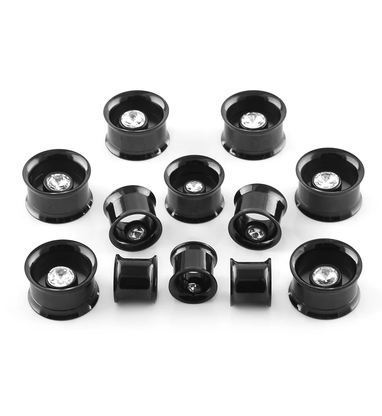 CZ Gem Black PVD Steel Tunnel Plugs