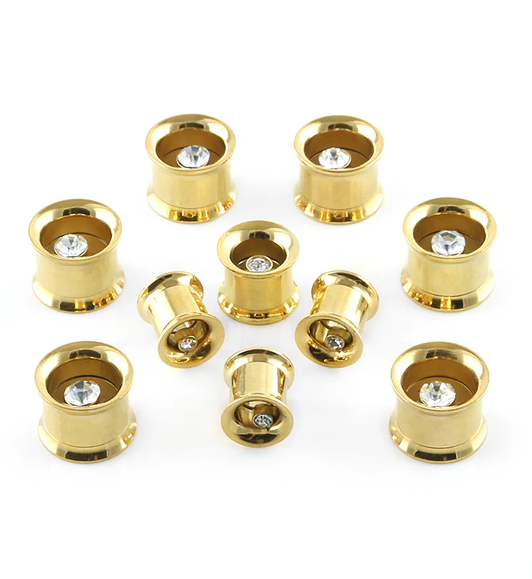 CZ Gem Gold Plated Steel Tunnel Plugs - Image 2