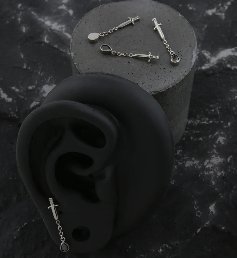 Dagger Dangle Chain Teardrop Black CZ Internally Threaded Top - Image 2