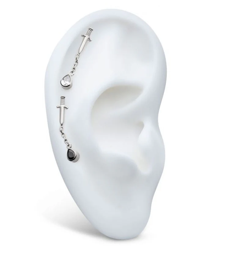 Dagger Dangle Chain Teardrop Black CZ Internally Threaded Top - Image 3