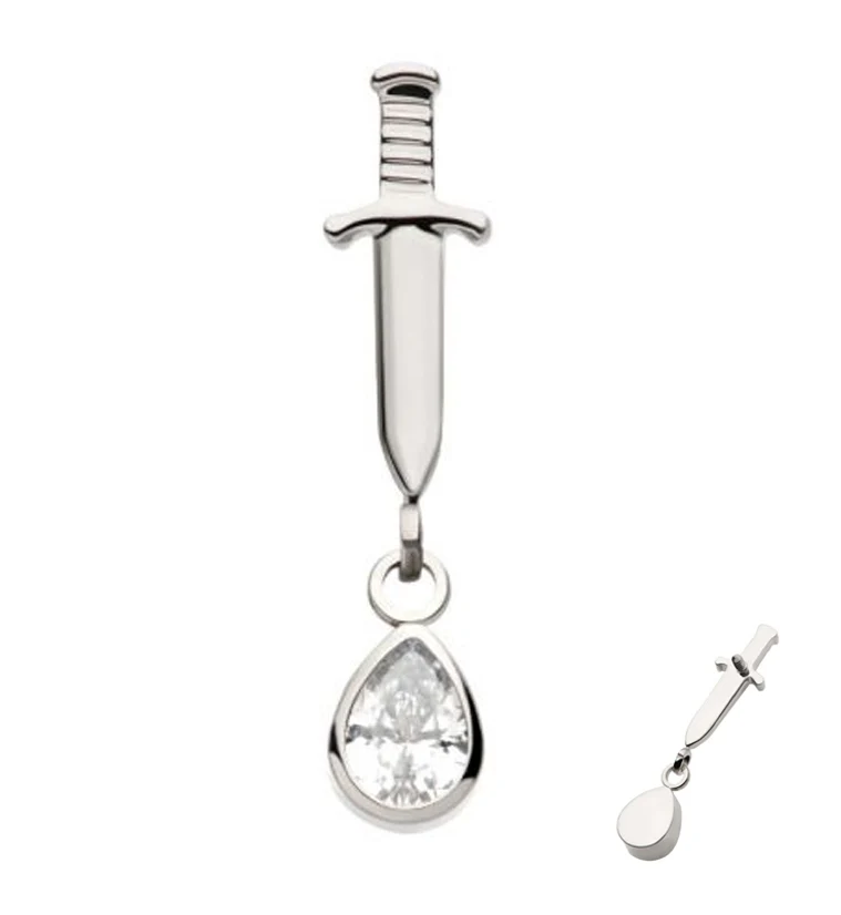 Dagger Dangle Teardrop Clear CZ Internally Threaded Top