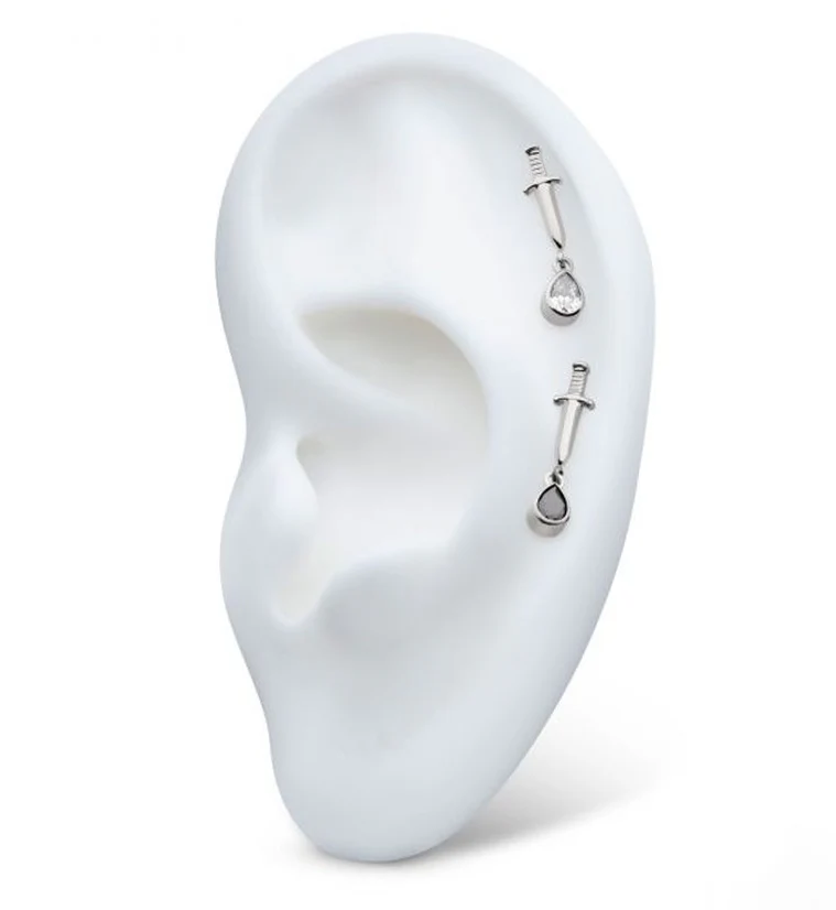 Dagger Dangle Teardrop Clear CZ Internally Threaded Top - Image 3