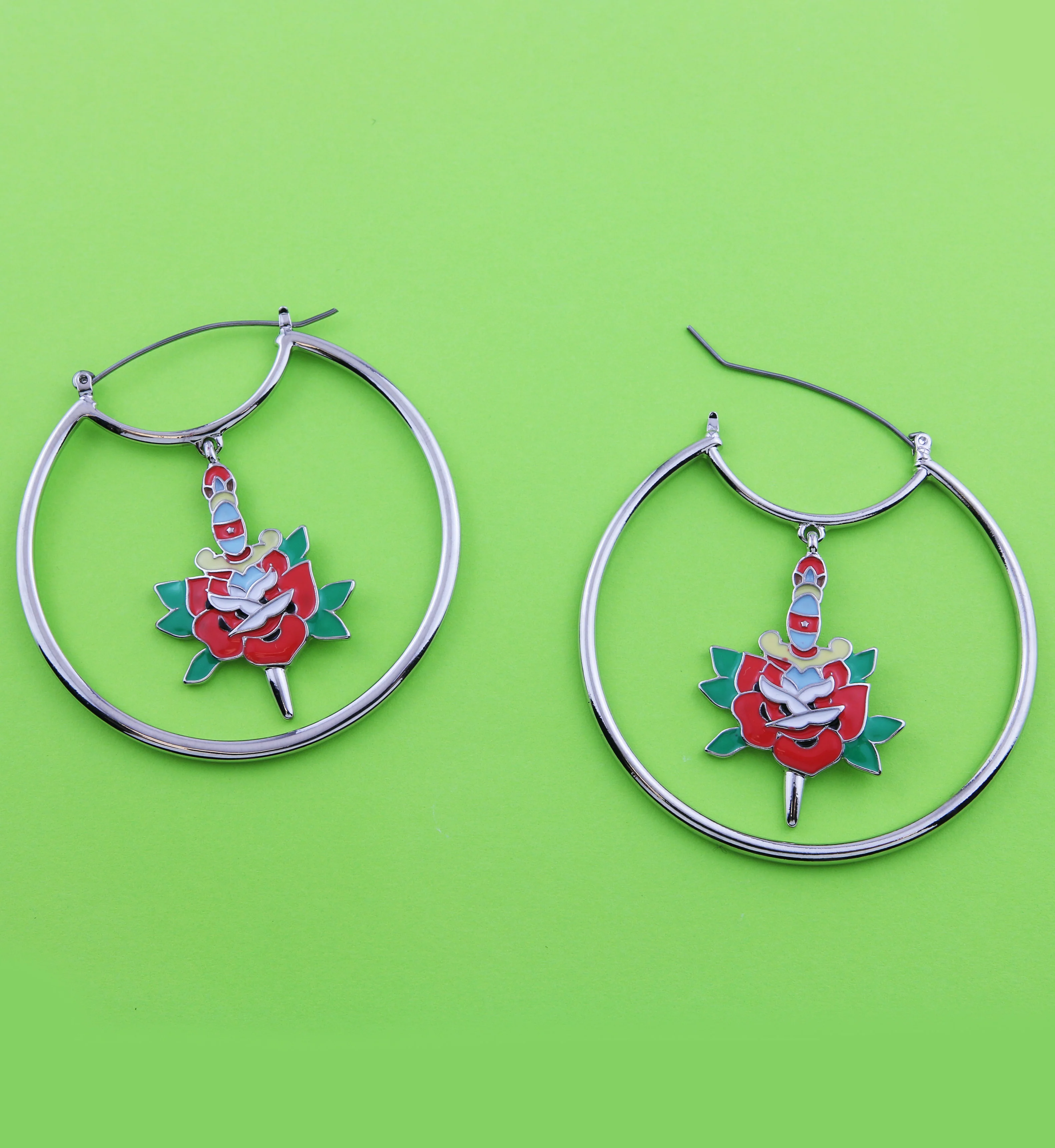 Dagger Red Rose Stainless Steel Plug Hoops - Image 2